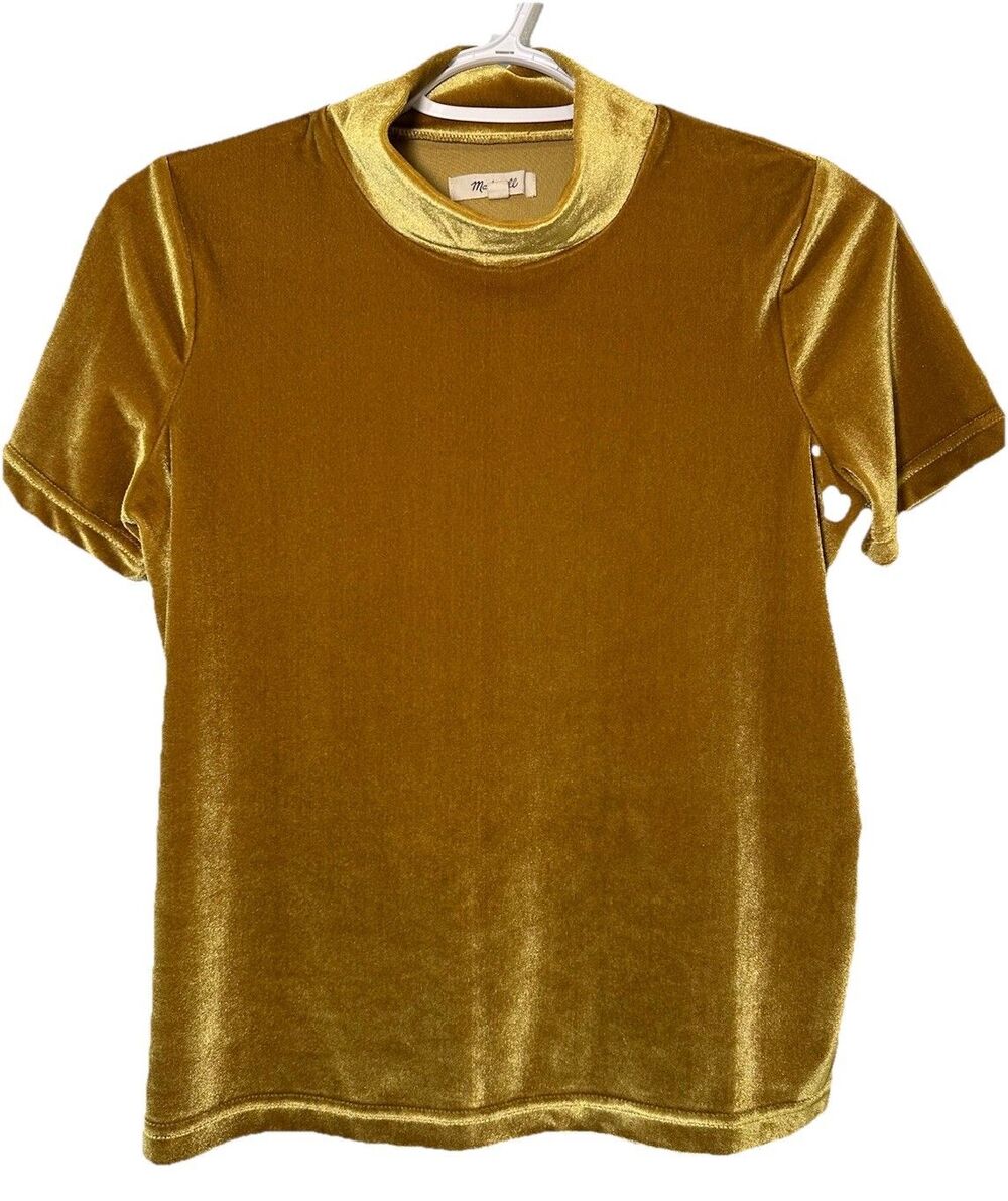 Madewell XS Gold Velvet Short Sleeve Stretch Top Crew Neck Soft Velour